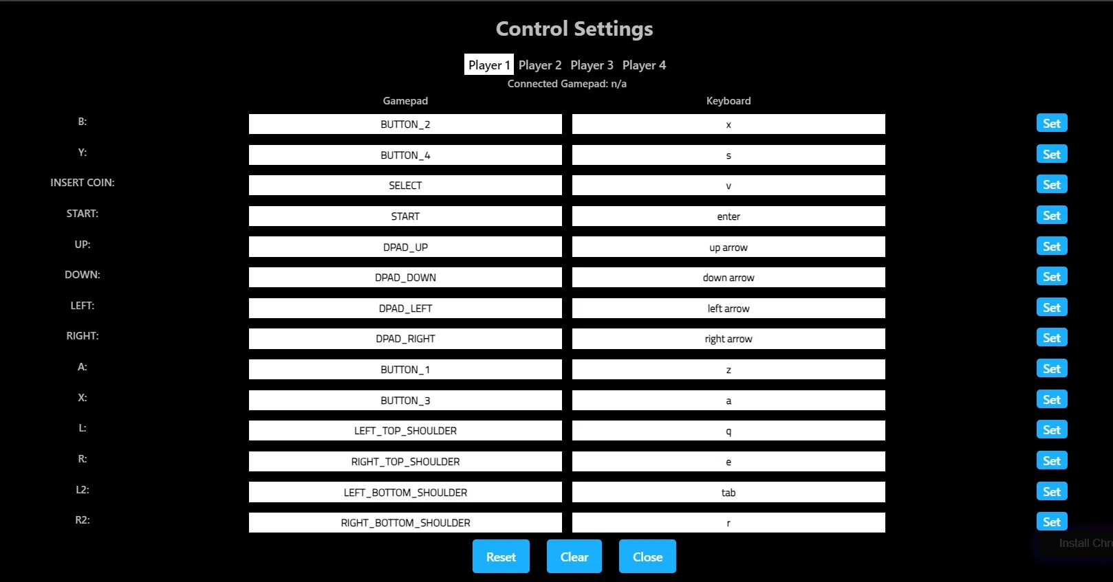 Gamepad options in browser emulator. Screenshot 2
